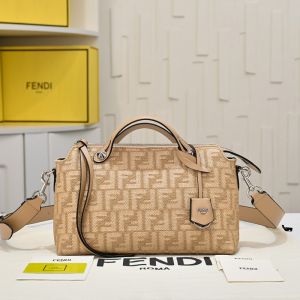 Fendi Medium By The Way Soft Boston Bag FF Jacquard Raffia Beige