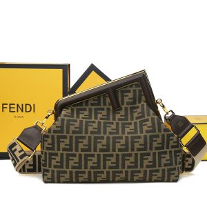 Fendi Medium First Bag with FF Jacquard Shoulder Strap FF Jacquard Fabric Brown