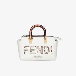 Fendi Mini By The Way Boston Bag Calf Leather with Python FENDI ROMA motif White
