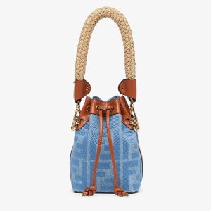 Fendi Mini Mon Tresor Bucket Bag with Straw Handle In FF Motif Straw Blue