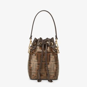 Fendi Mini Mon Tresor Bucket Bag FF Jacquard Fabric with Sequins Brown