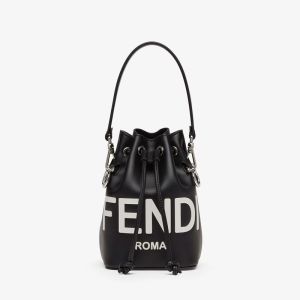 Fendi Mini Mon Tresor Bucket Bag ROMA Logo Calf Leather Black/White