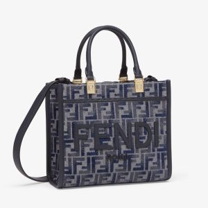Fendi Small Sunshine Shopper Bag In ROMA Logo FF Motif Chenille Dark Blue