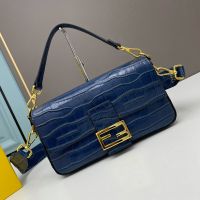 Fendi Medium Baguette Bag In Crocodile Leather Blue
