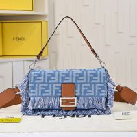 Fendi Baguette Bag FF Jacquard Denim with Fringes Blue