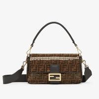 Fendi Medium Baguette Bag FF Jacquard Fabric with Sequins Brown