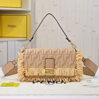 Fendi Baguette Bag FF Jacquard Raffia with Fringes Beige