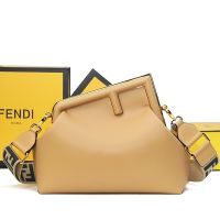 Fendi Medium First Bag with FF Jacquard Shoulder Strap Nappa Leather Camel