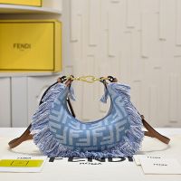 Fendi Mini Fendigraphy Hobo Bag FF Jacquard Denim with Fringes Blue