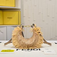 Fendi Mini Fendigraphy Hobo Bag FF Jacquard Raffia with Fringes Beige