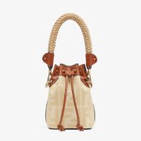 Fendi Mini Mon Tresor Bucket Bag with Straw Handle In FF Motif Straw Beige