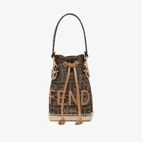 Fendi Mini Mon Tresor Bucket Bag FF Jacquard Fabric with FENDI ROMA motif Brown