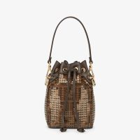 Fendi Mini Mon Tresor Bucket Bag FF Jacquard Fabric with Sequins Brown