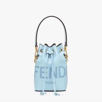 Fendi Mini Mon Tresor Bucket Bag In ROMA Logo Calf Leather Sky Blue