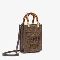 Fendi Mini Sunshine Shopper Bag FF Jacquard Fabric with Sequins Brown