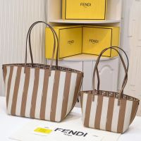 Fendi Roll Reversible Shopper Bag In Pequin Striped and FF Fabric Brown