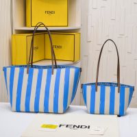 Fendi Roll Reversible Shopper Bag In Pequin Striped and FF Fabric Light Blue