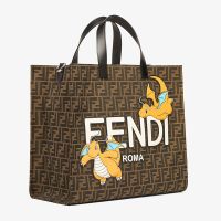 Fendi Shopper Bag FF Jacquard Fabric with Pokemon Dragon Motif Brown/Yellow
