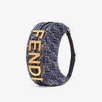 Fendi Small Fendigraphy Hobo Bag FF Embroidery Chenille Dark Blue