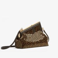 Fendi Small First Bag FF Jacquard Fabric with Sequins Brown