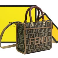 Fendi Small Sunshine Shopper Bag FF Jacquard Fabric with FENDI ROMA motif Brown